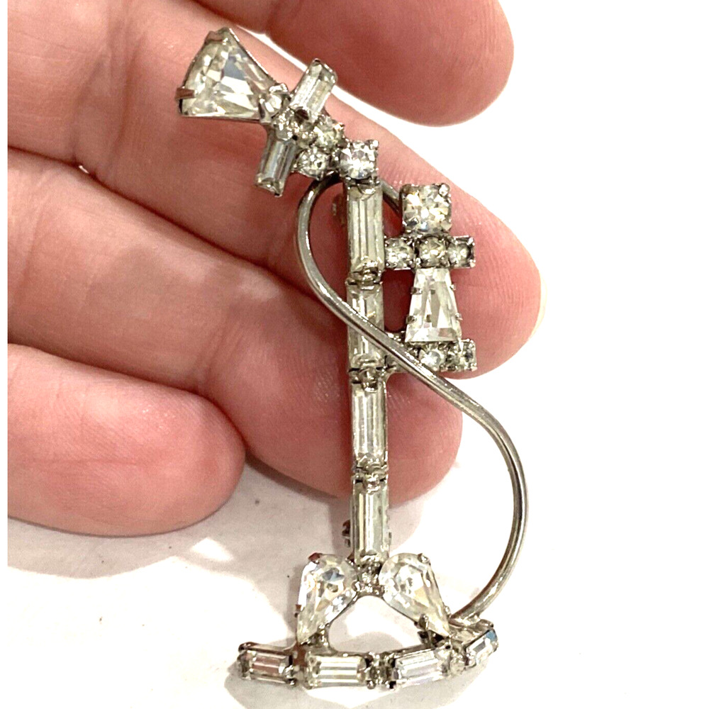 Vintage brooch silvertone and clear white rhinestone antique stick telephone pin - Picture 3 of 9